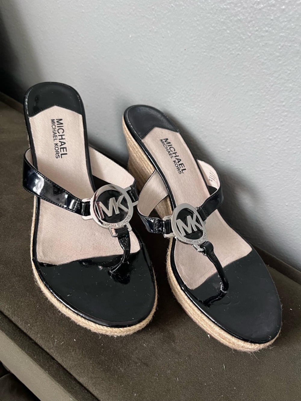 Michael Kors Black Patent MK Logo Espadrille Wedge Sandals